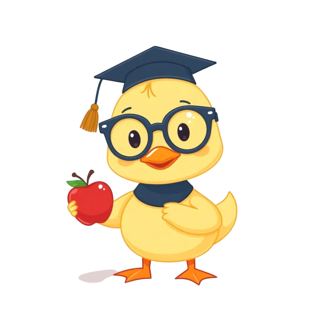 Friendly classroom duck mascot wearing a graduation cap